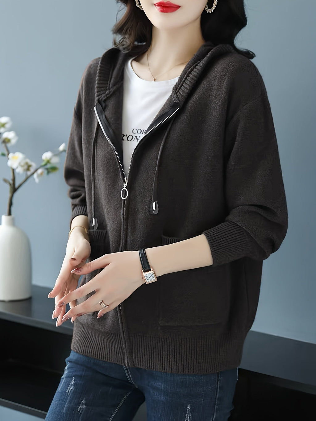 Women's Zip-Up Hooded Cardigan with Pockets
