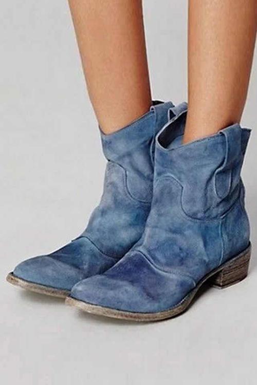 Women's Distressed Suede Western Ankle Boots with Low Stacked Heel - Blue