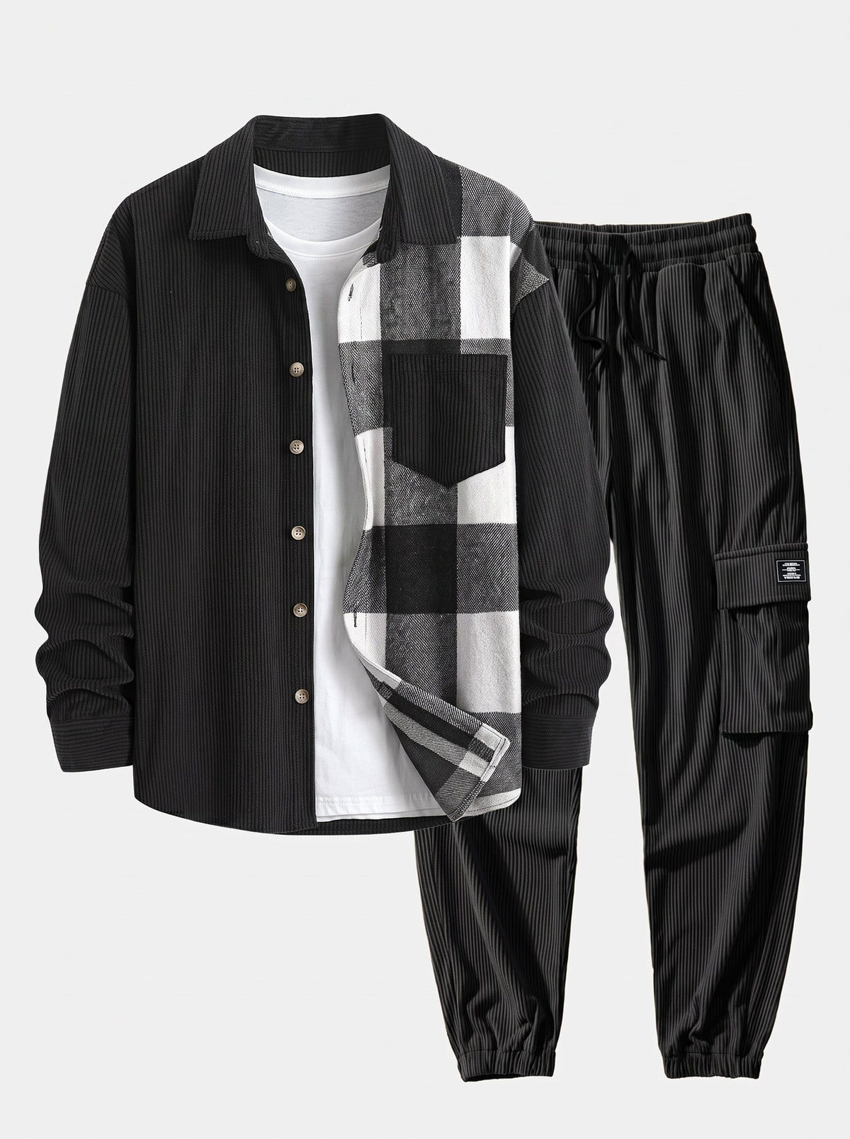 Men's Corduroy Shirt and Cargo Jogger Two-Piece Set - Light Brown