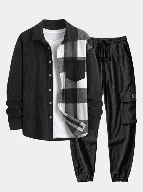 Men's Corduroy Shirt and Cargo Jogger Two-Piece Set - Light Brown