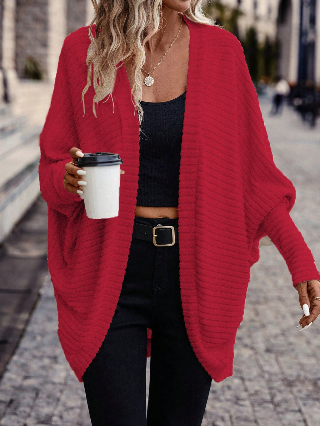Women's Draped Open-Front Ribbed Cardigan