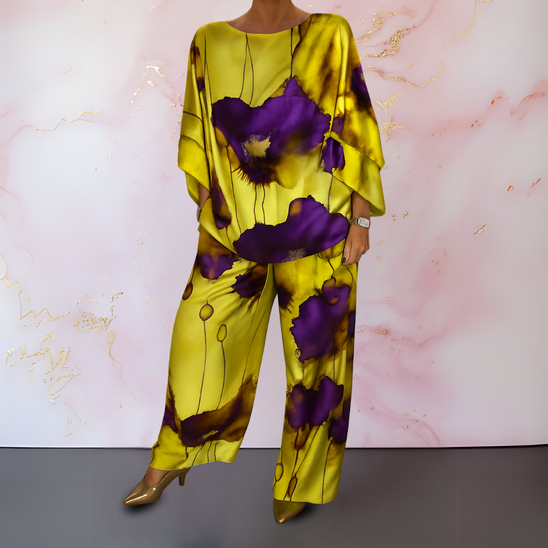 Women's Satin Two-Piece Top and Pants Set - Lemon Yellow