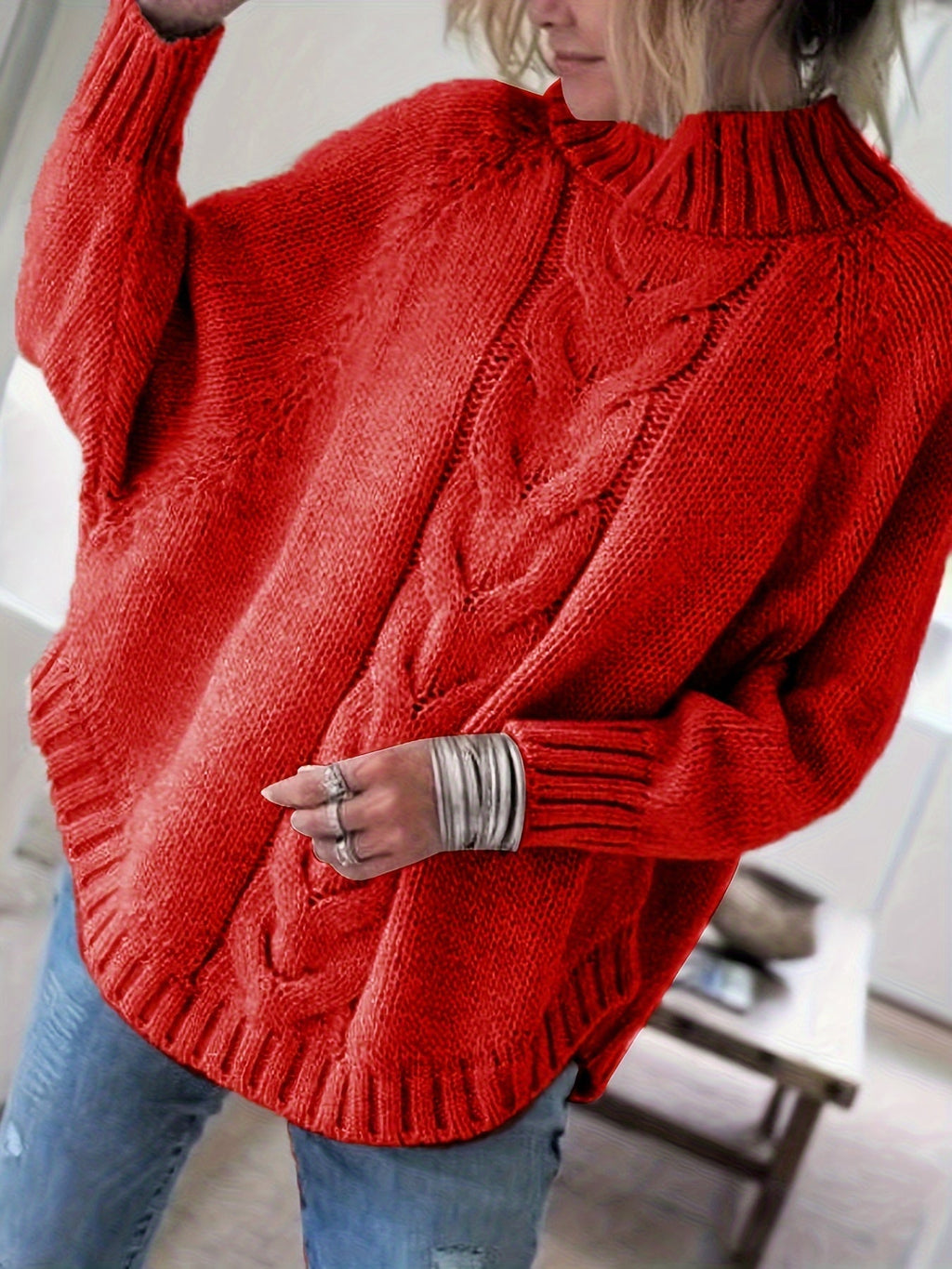 Women's Cable-Knit High Neck Relaxed Sweater