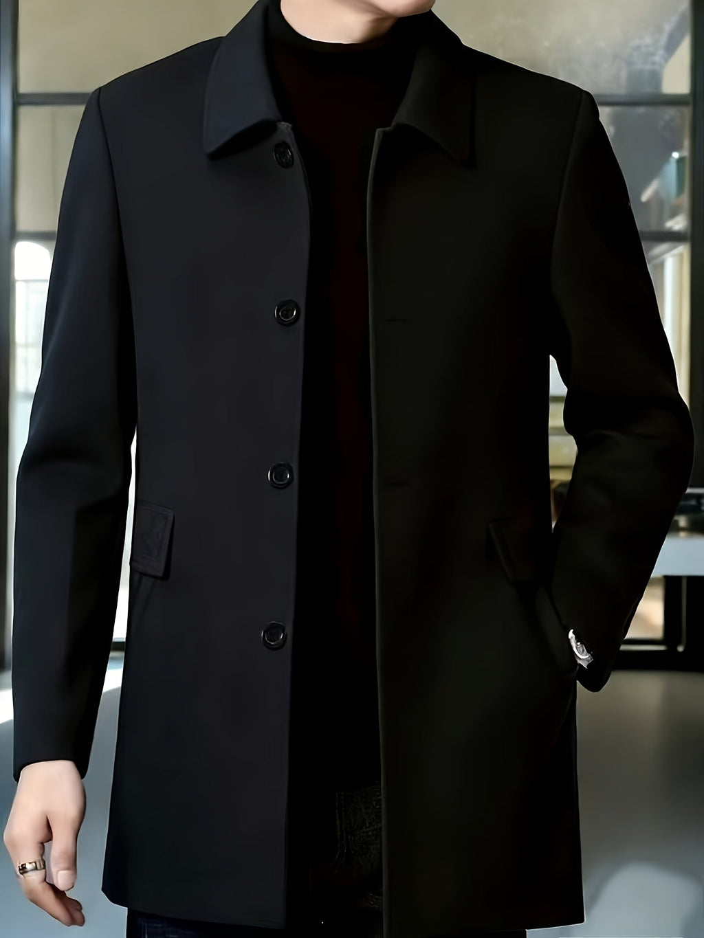 Men's Refined Single-Breasted Overcoat with Side Pockets