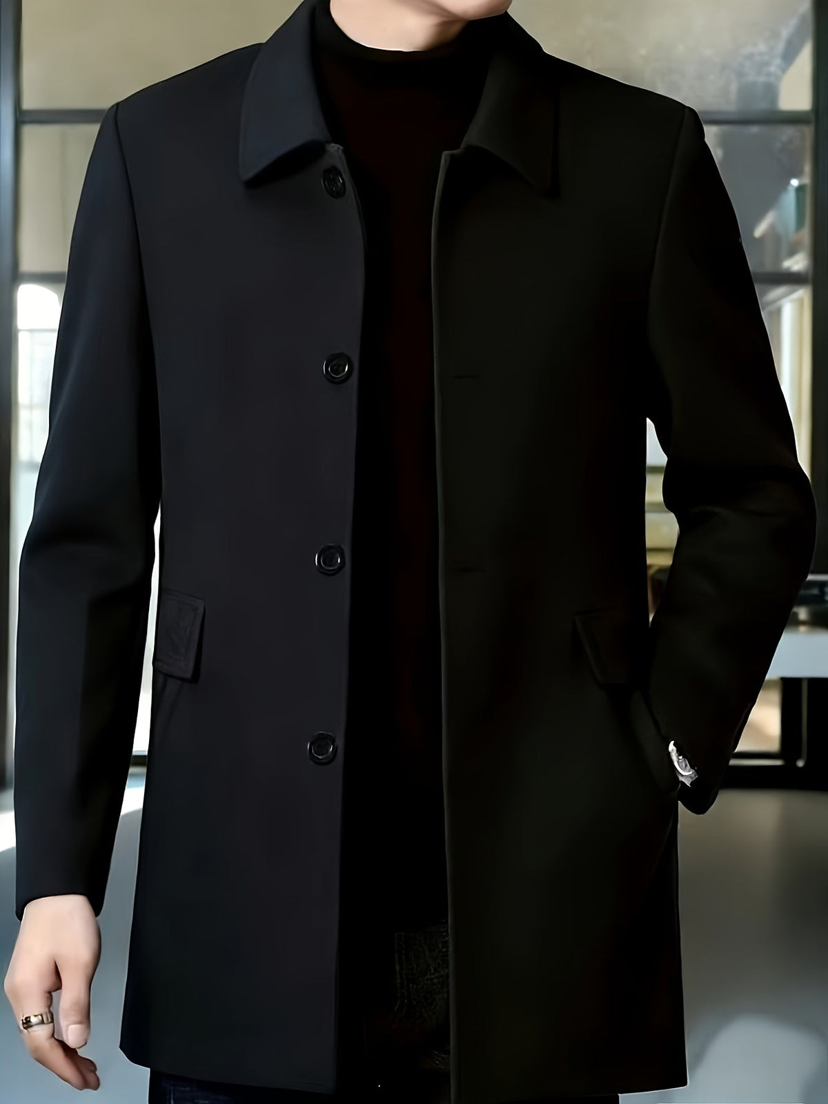 Men's Refined Single-Breasted Overcoat with Side Pockets