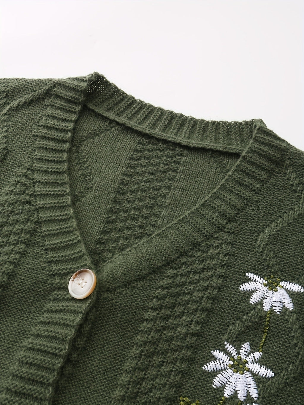 Women's Floral Embroidered V-Neck Button Cardigan with Pockets