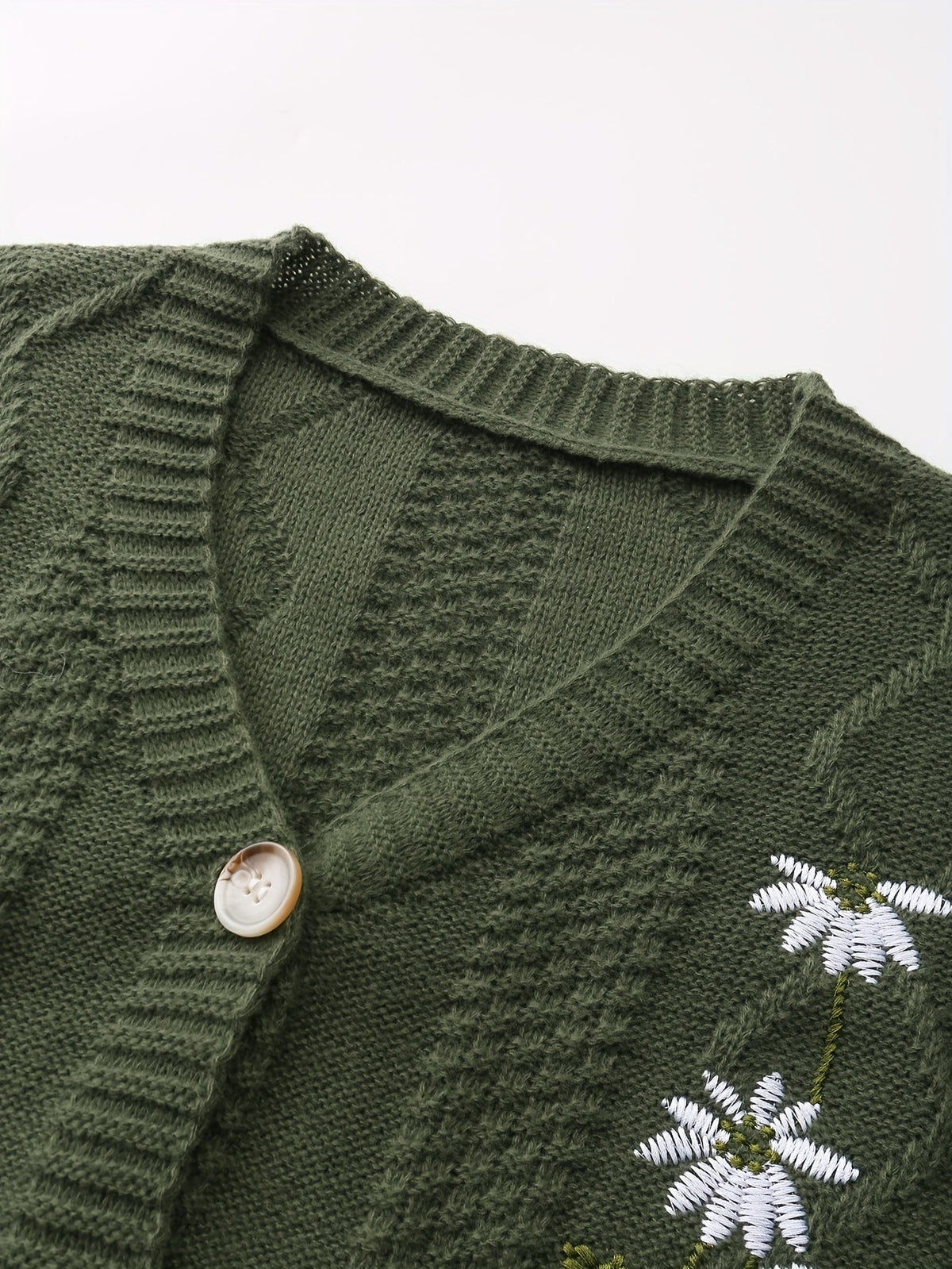 Women's Floral Embroidered V-Neck Button Cardigan with Pockets