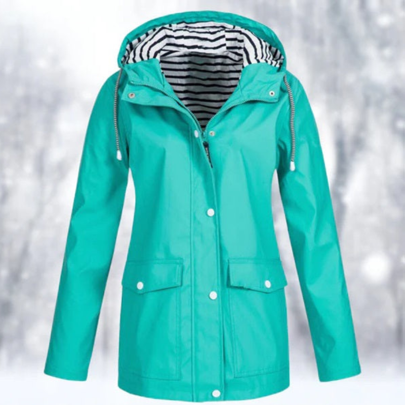Women's Lightweight Hooded Rain Jacket with Pockets - Blue Green