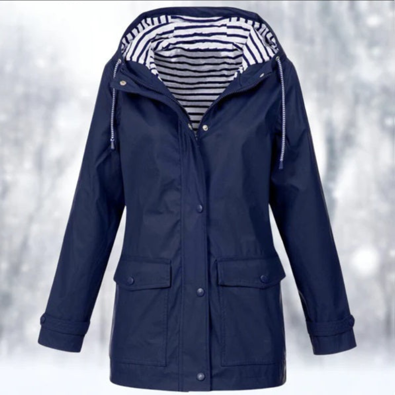Women's Lightweight Hooded Rain Jacket with Pockets - Navy Blue