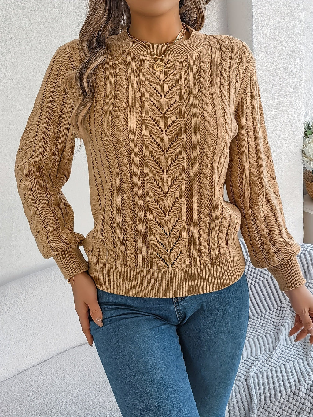 Women's Cable-Knit Openwork Round-Neck Sweater