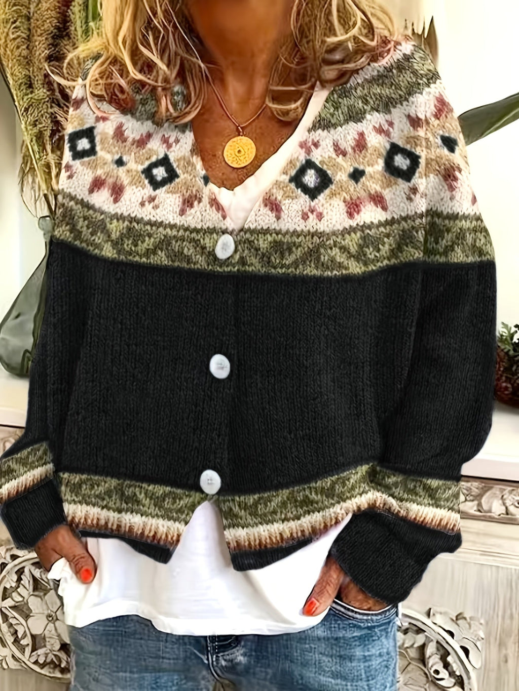 Women's Geometric Yoke Button-Front Cardigan