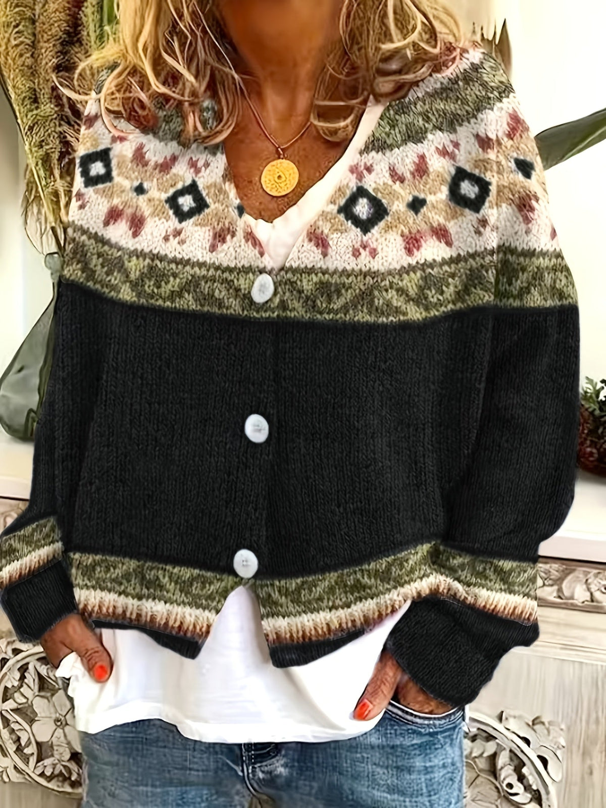 Women's Geometric Yoke Button-Front Cardigan