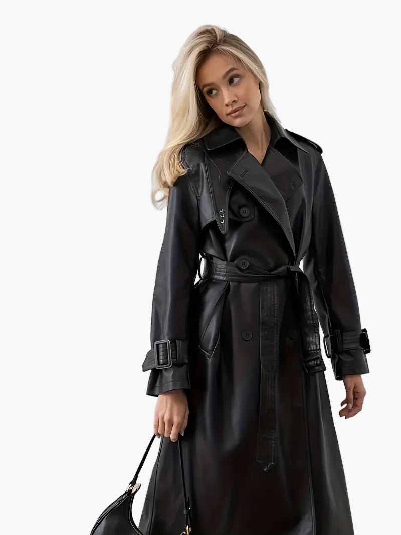 Women's Faux Leather Belted Trench Coat
