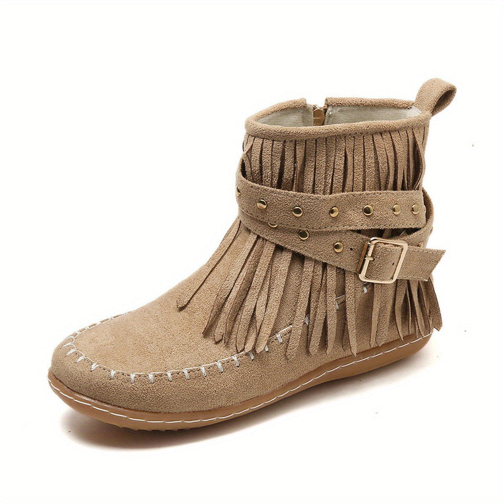 Women's Fringed Western Ankle Boots with Side Zip