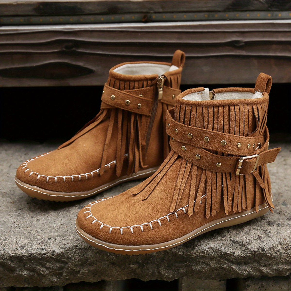 Women's Fringed Western Ankle Boots with Side Zip - Brown
