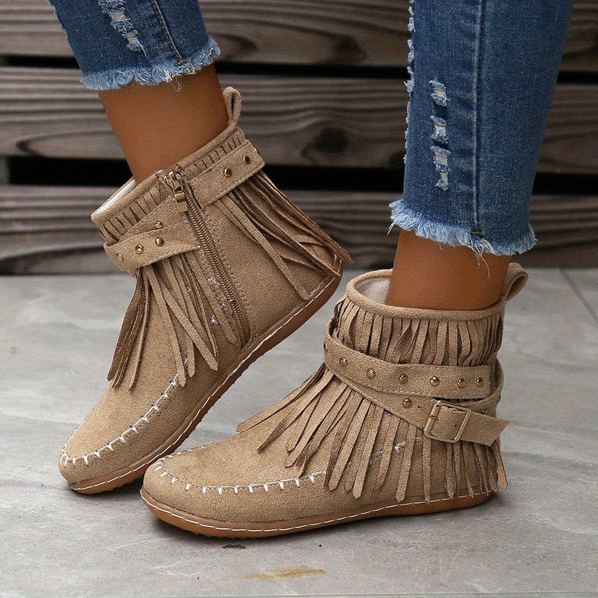 Women's Fringed Western Ankle Boots with Side Zip - Off-white