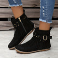 Women's Fringed Western Ankle Boots with Side Zip - Black