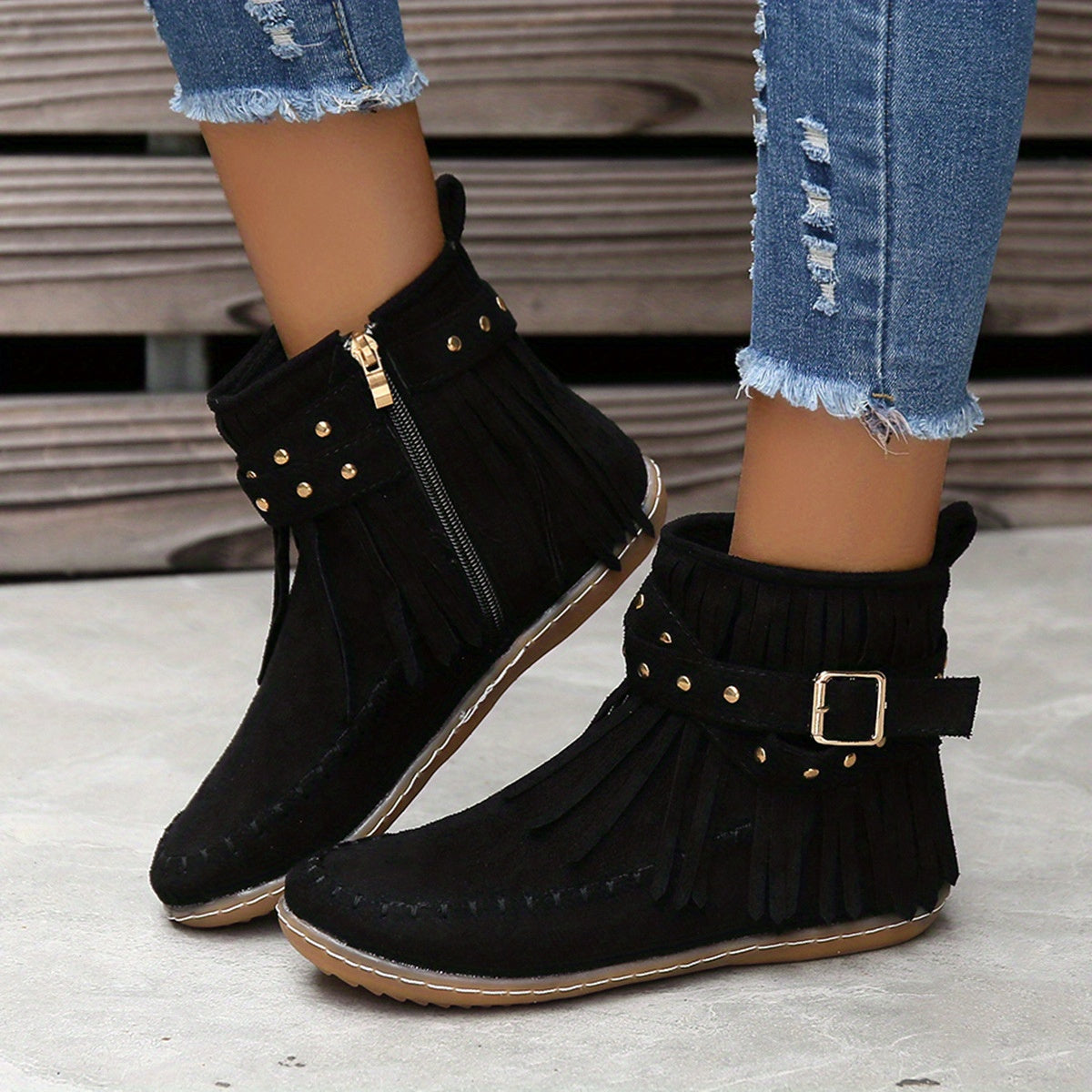 Women's Fringed Western Ankle Boots with Side Zip - Black