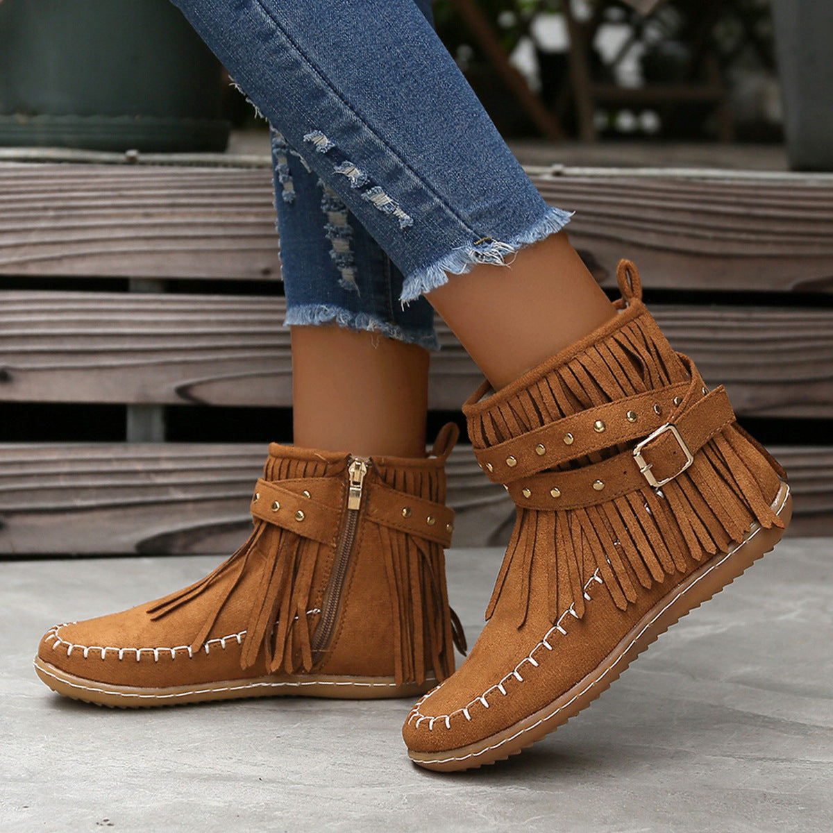 Women's Fringed Western Ankle Boots with Side Zip