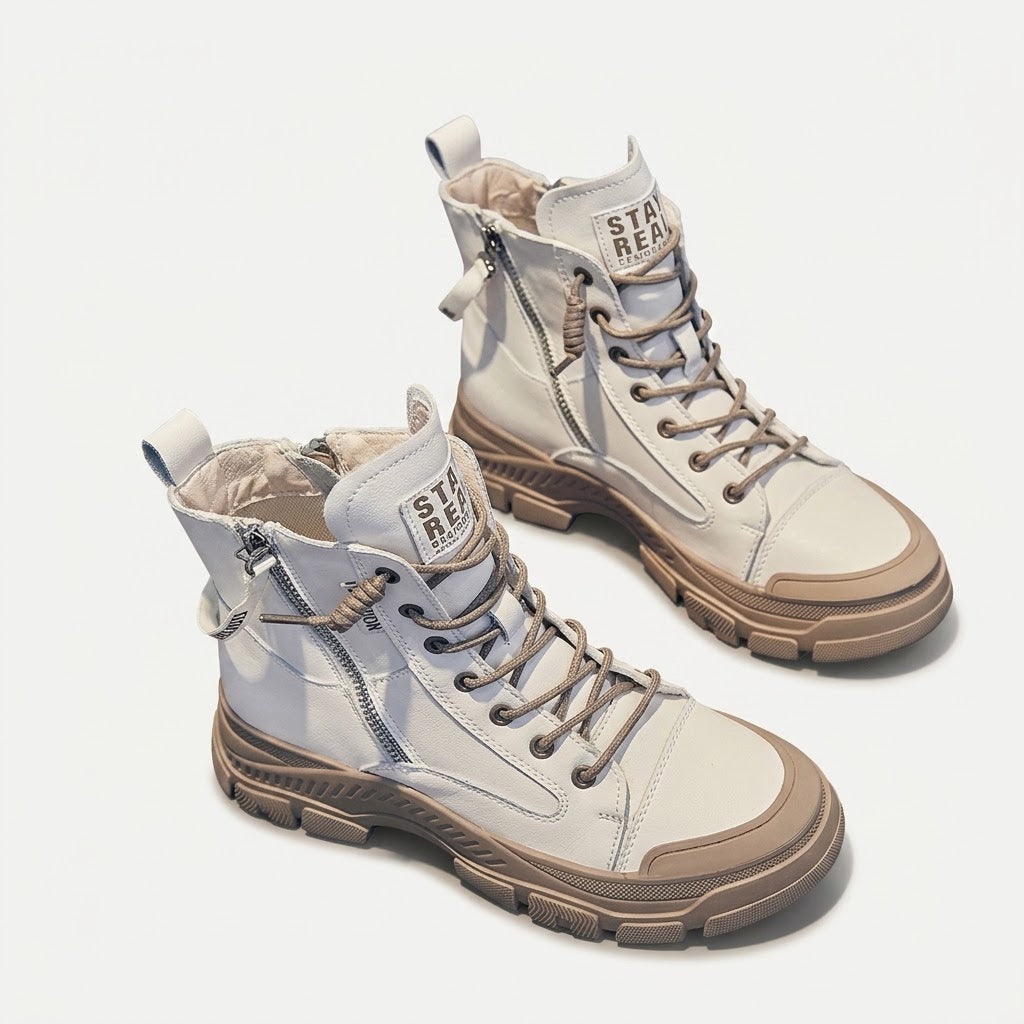 Women's High-Top Side-Zip Sneaker Boots - Beige