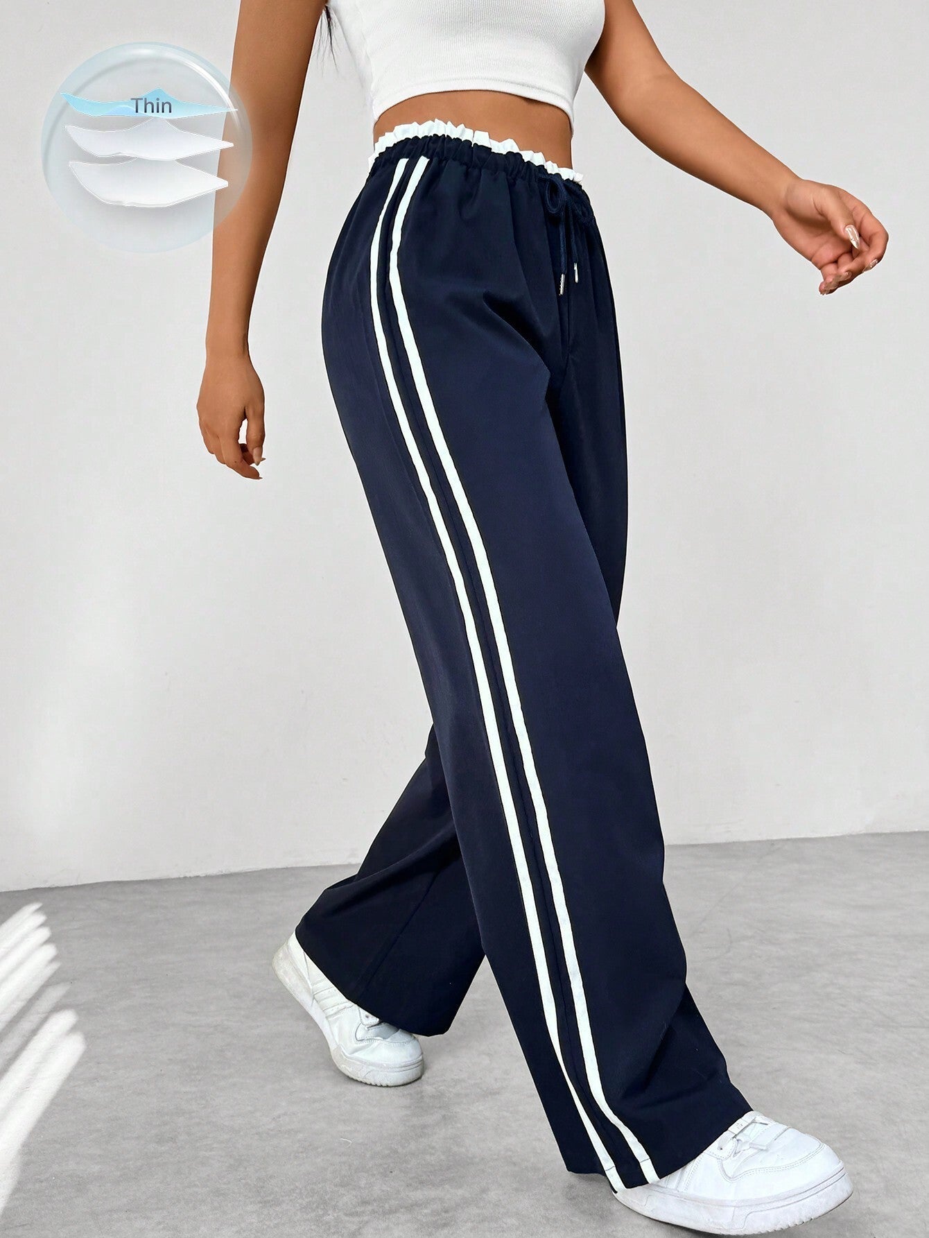 Women's Wide-Leg Jogger Trousers with Elastic Waist - Navy Blue