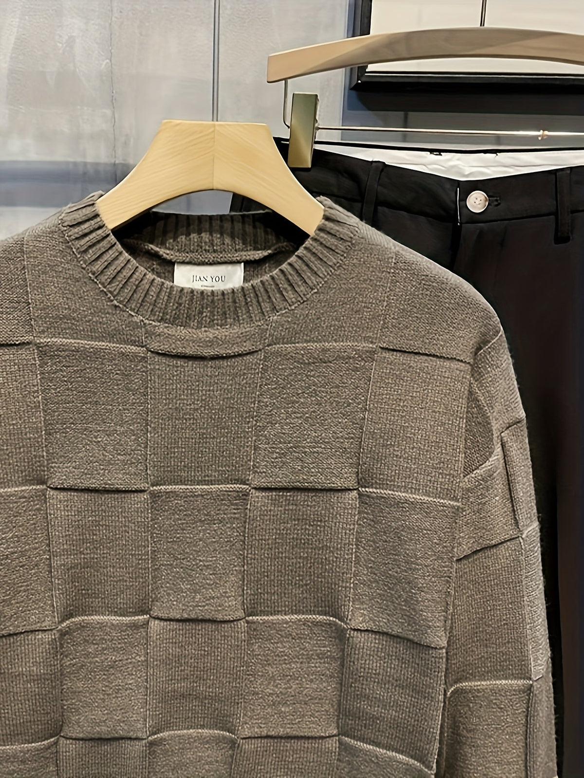 Women's Textured Checkerboard Crewneck Sweater