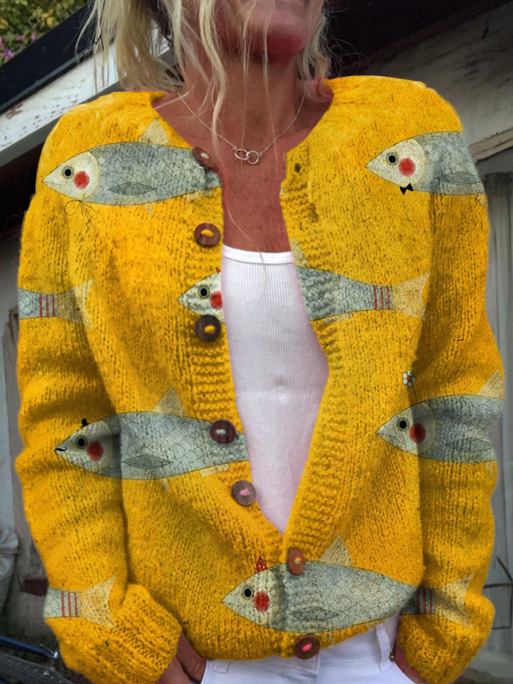 Women's Fish Print Button-Down Cardigan