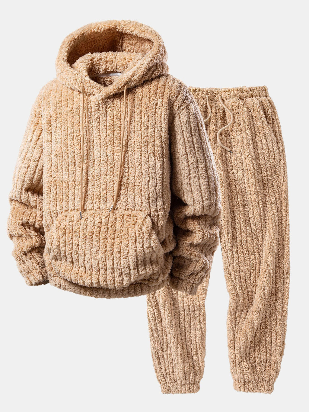 Men's Ribbed Teddy Pullover Hoodie and Jogger Set - Light Brown
