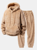 Men's Ribbed Teddy Pullover Hoodie and Jogger Set - Light Brown