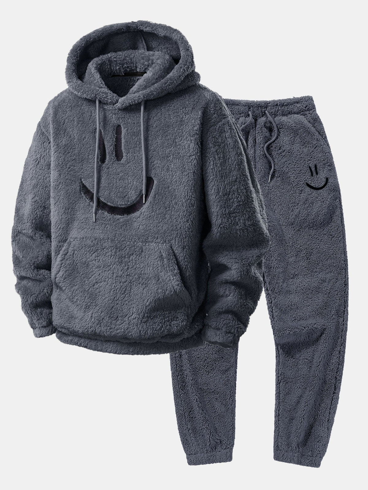 Men's Plush Teddy Fleece Hooded Jogger Set - Dark Gray