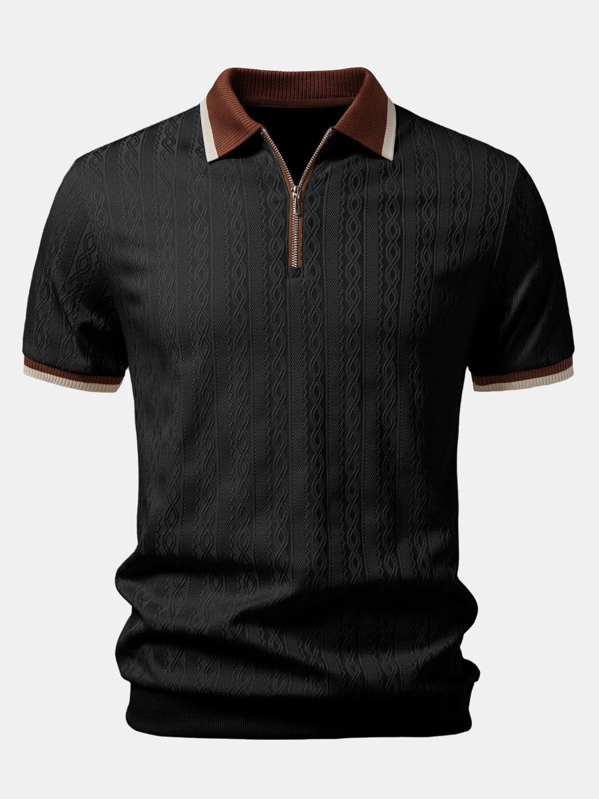 Men's Textured Knit Quarter Zip Polo - Black