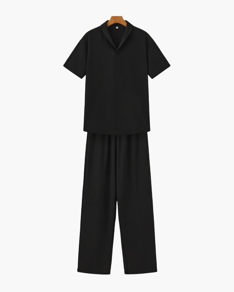Men's Relaxed Polo Lounge Set with Wide-Leg Trousers - Black