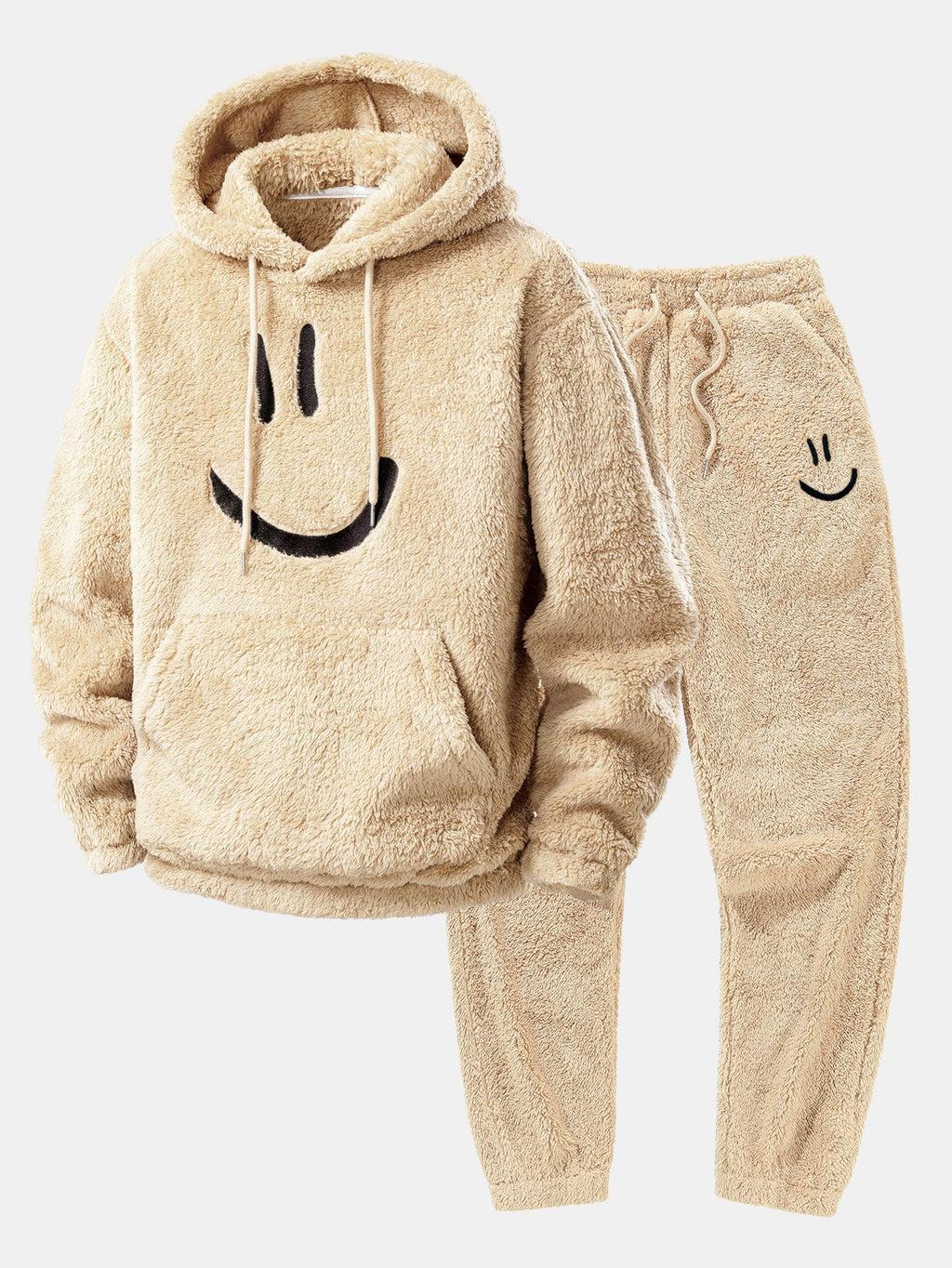 Men's Plush Teddy Fleece Hooded Jogger Set - Beige