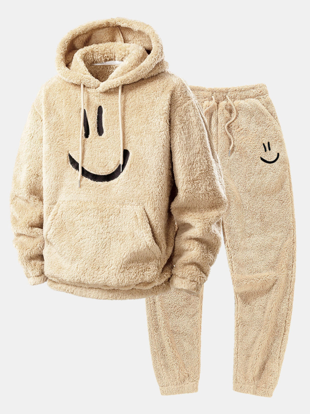 Men's Plush Teddy Fleece Hooded Jogger Set - Beige