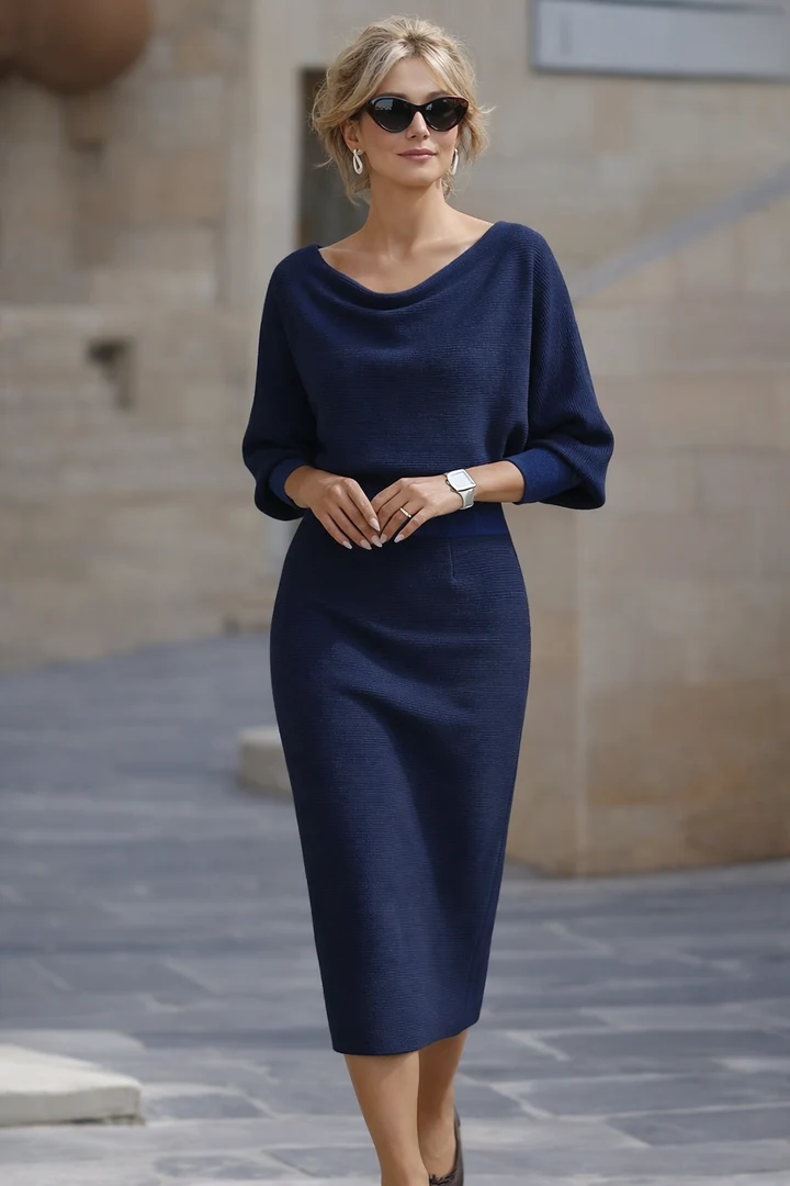 Women's Draped Cowl Neck Batwing Midi Dress - Navy Blue