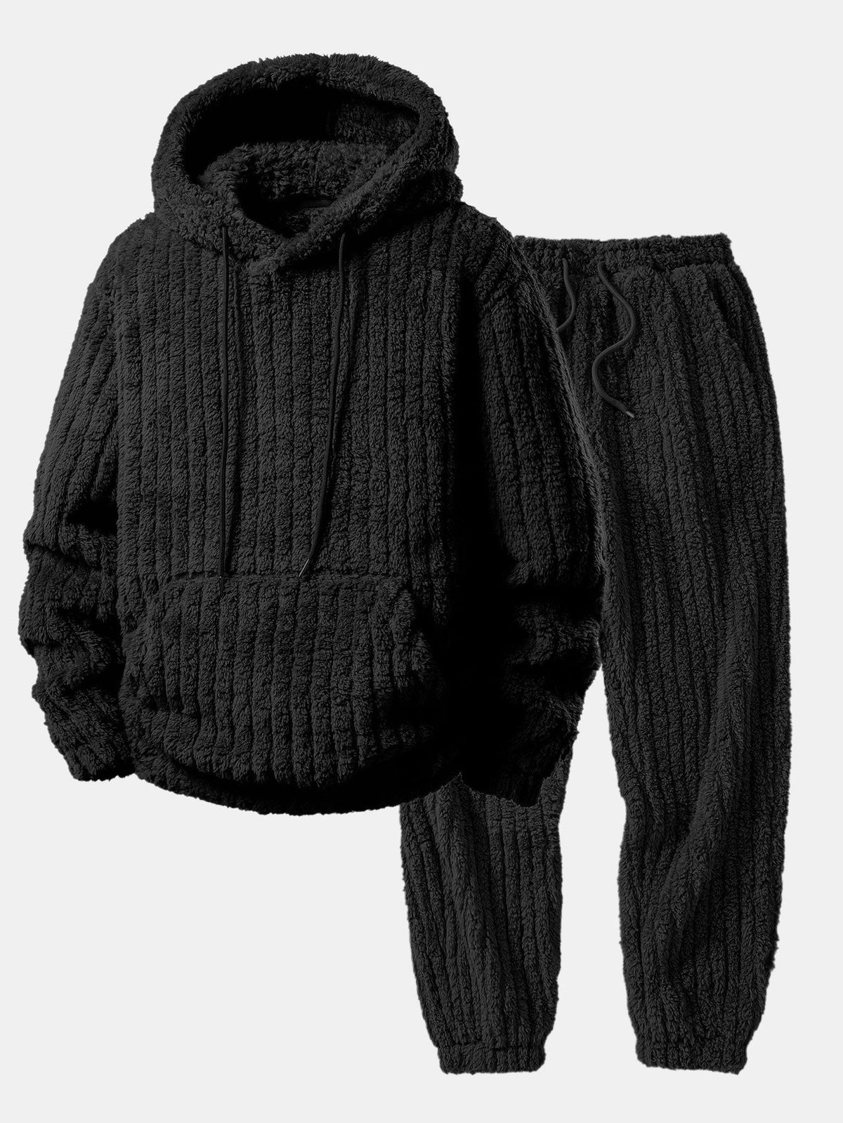 Men's Ribbed Teddy Pullover Hoodie and Jogger Set - Black