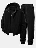 Men's Corduroy Zip-Up Hoodie and Jogger Tracksuit - Black