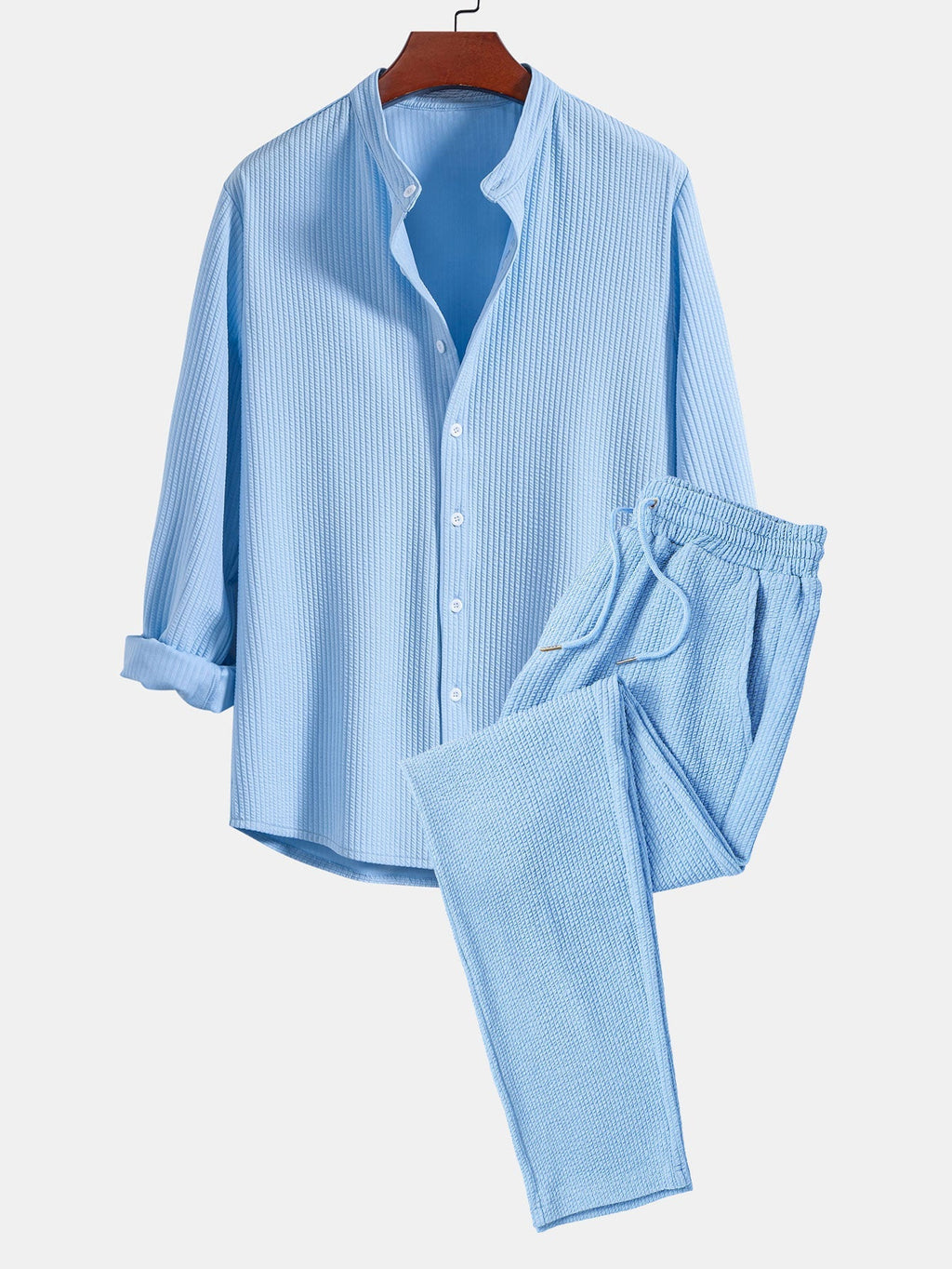 Men's Ribbed Stand-Collar Shirt and Trousers Set - Light Blue