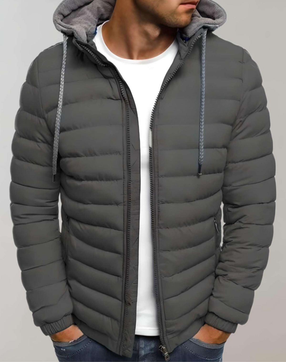 Men's Lightweight Padded Jacket with Hood and Elastic Cuffs - Dark Gray