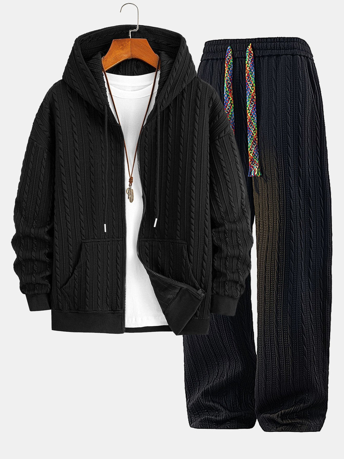 Men's Jacquard Zip Hoodie and Straight-Leg Pants Set - Black