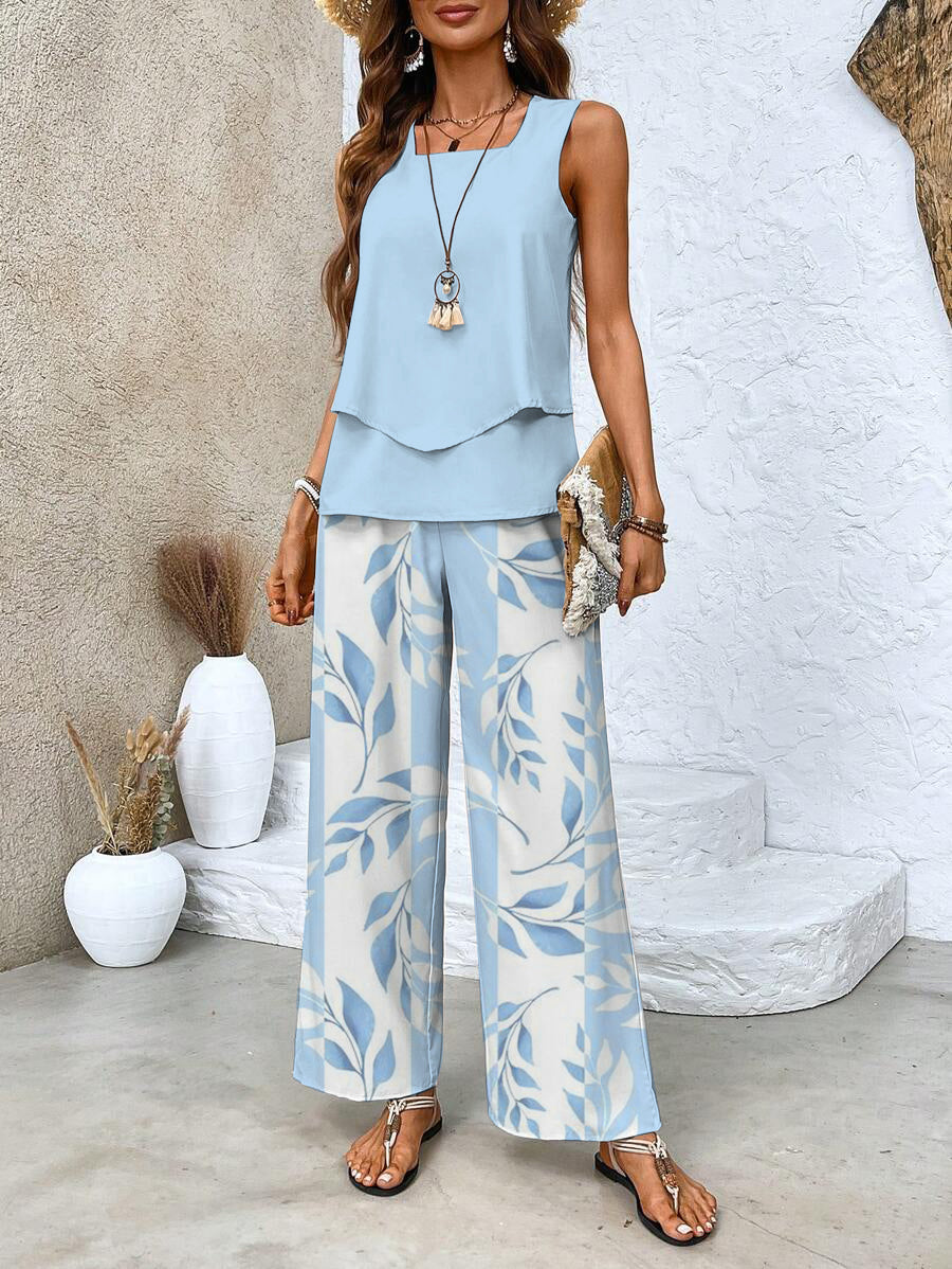 Women’s Leaf Print Wide-Leg Two-Piece Set