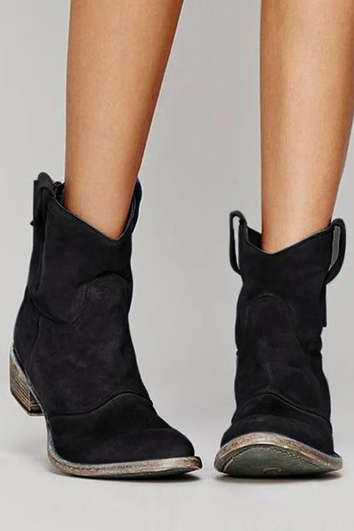 Women's Distressed Suede Western Ankle Boots with Low Stacked Heel - Black