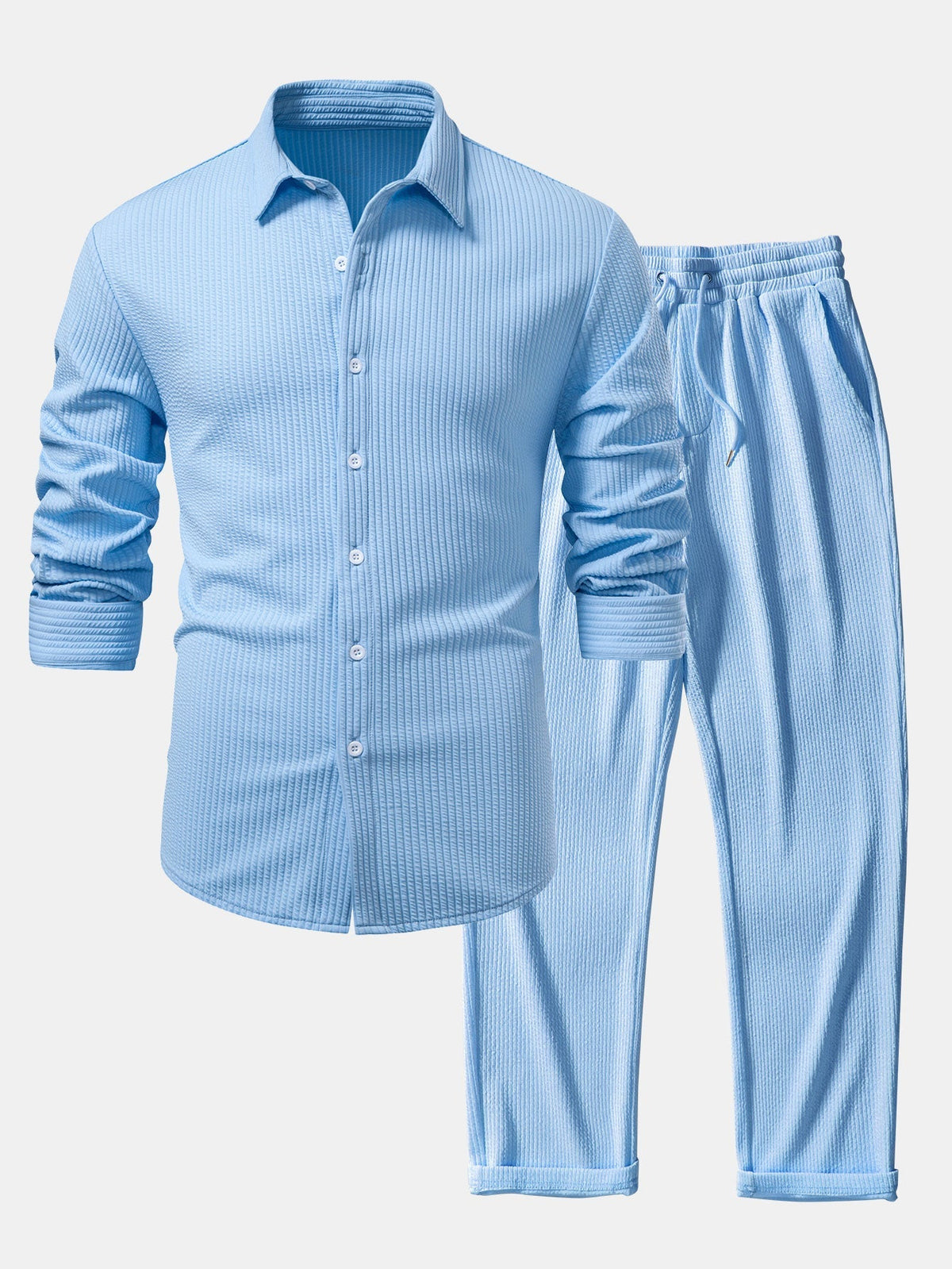Men's Ribbed Muscle-Fit Shirt and Trousers Set - Light Blue