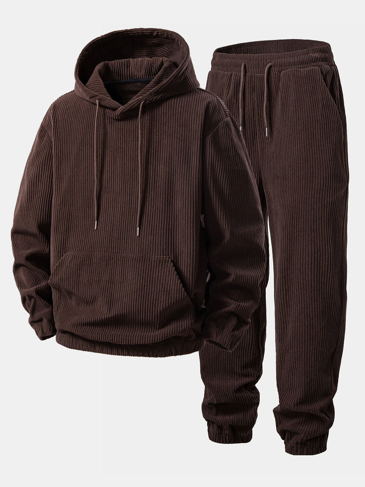 Men's Wide-Ribbed Corduroy Hoodie and Jogger Tracksuit - Dark Brown