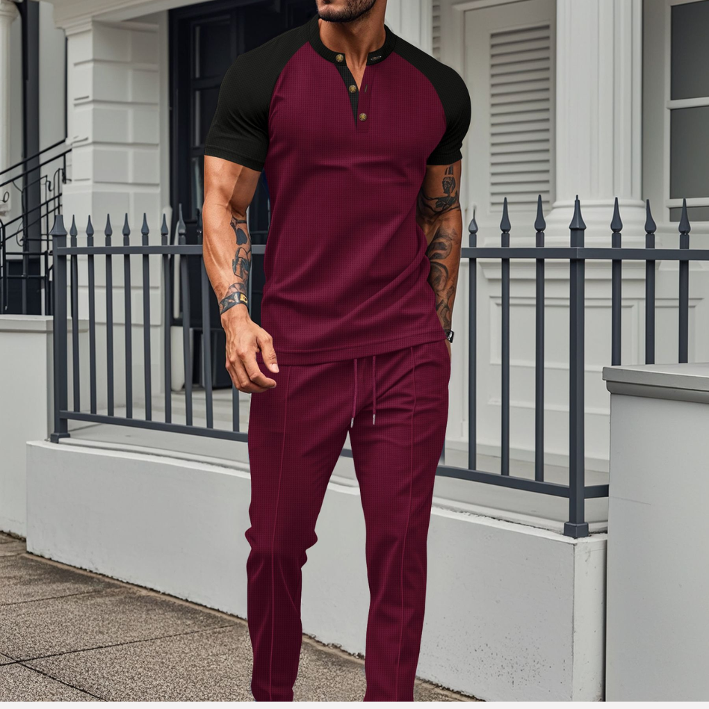Men's Contrast Henley Top and Textured Jogger Lounge Set - Wine Red