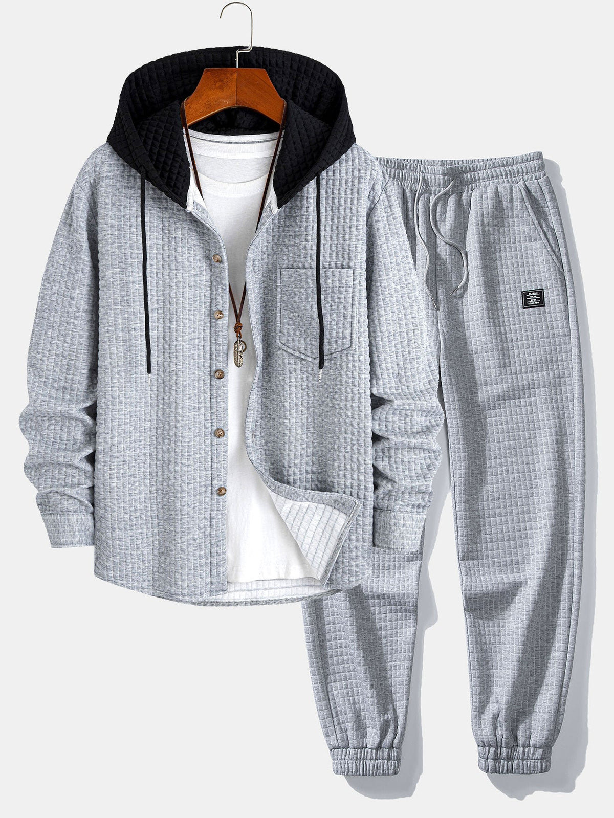 Men's Waffle Hooded Shirt and Jogger Set - Light Gray