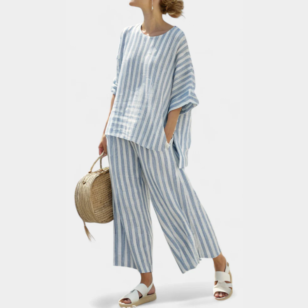 Women's Striped Wide-Leg Trouser Set Relaxed Two-Piece Outfit for Summer Wear