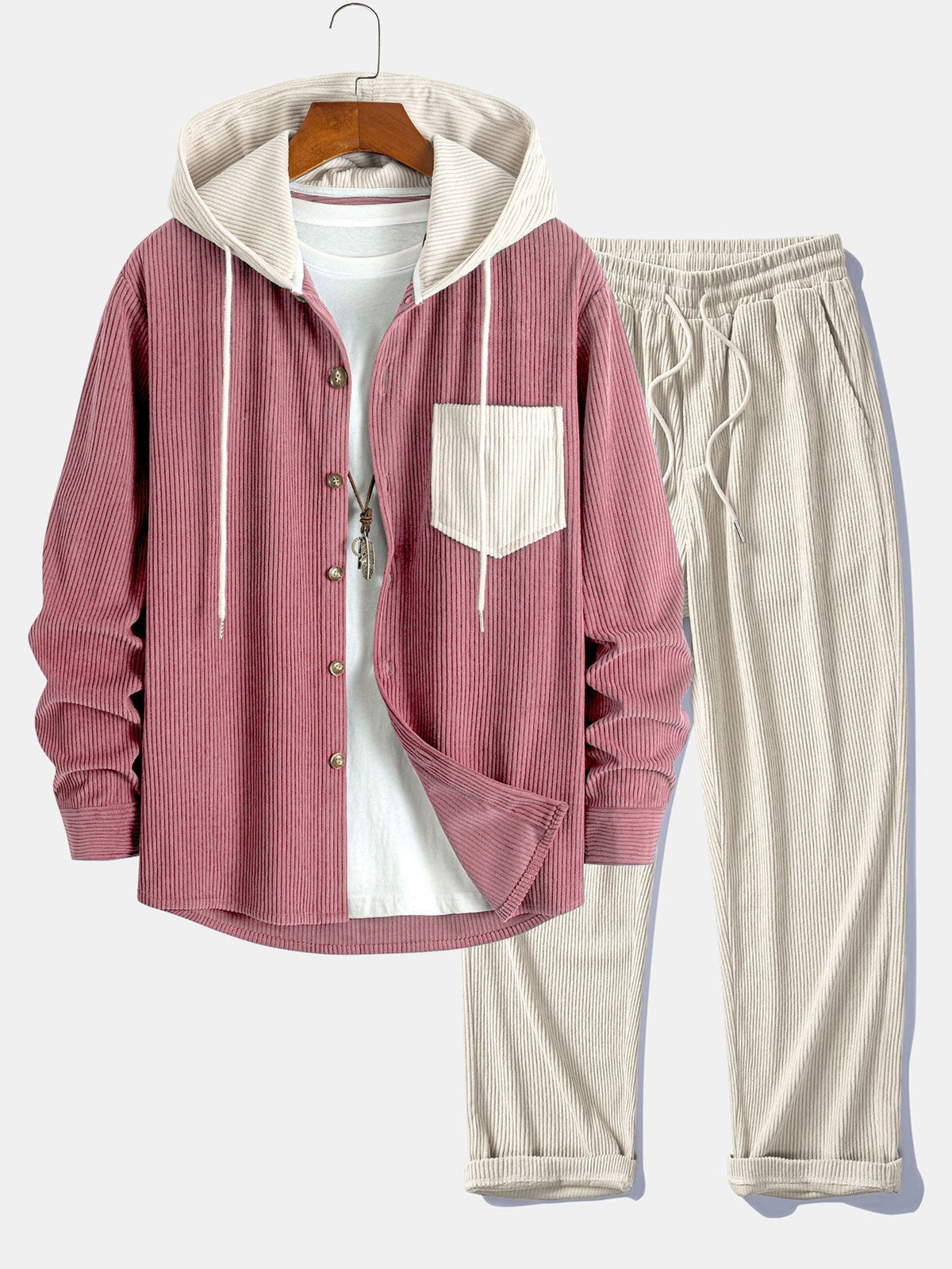 Men's Corduroy Hooded Overshirt and Straight-Leg Pants Set - Pink/Cream