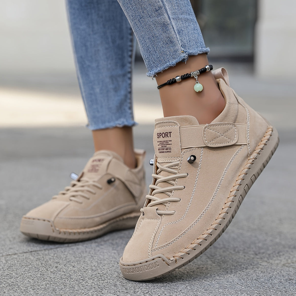 Women's Suede and Leather Lace-Up Ankle Sneakers - Beige