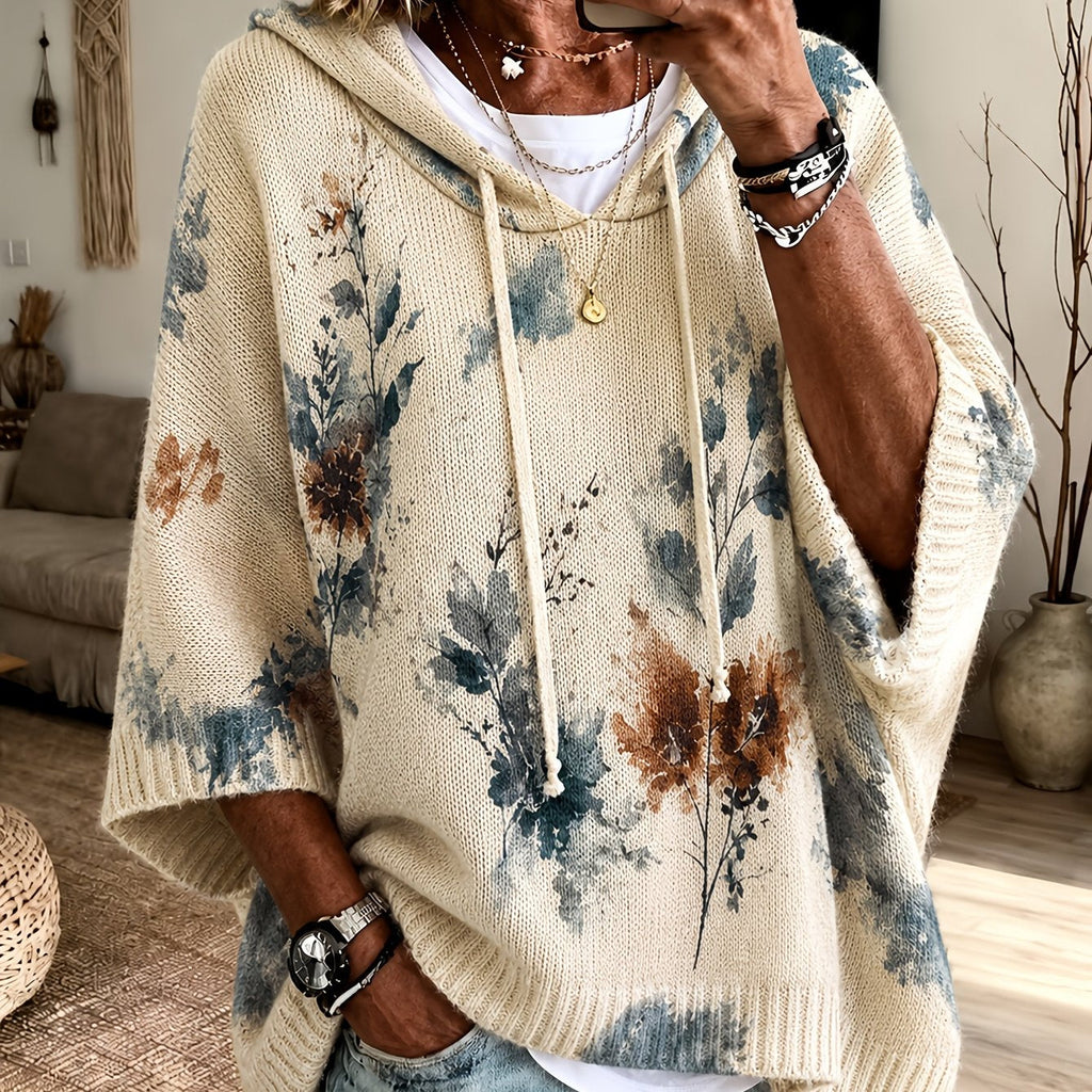 Women's Hooded Floral Cape Sweater with Drawstring - Apricot